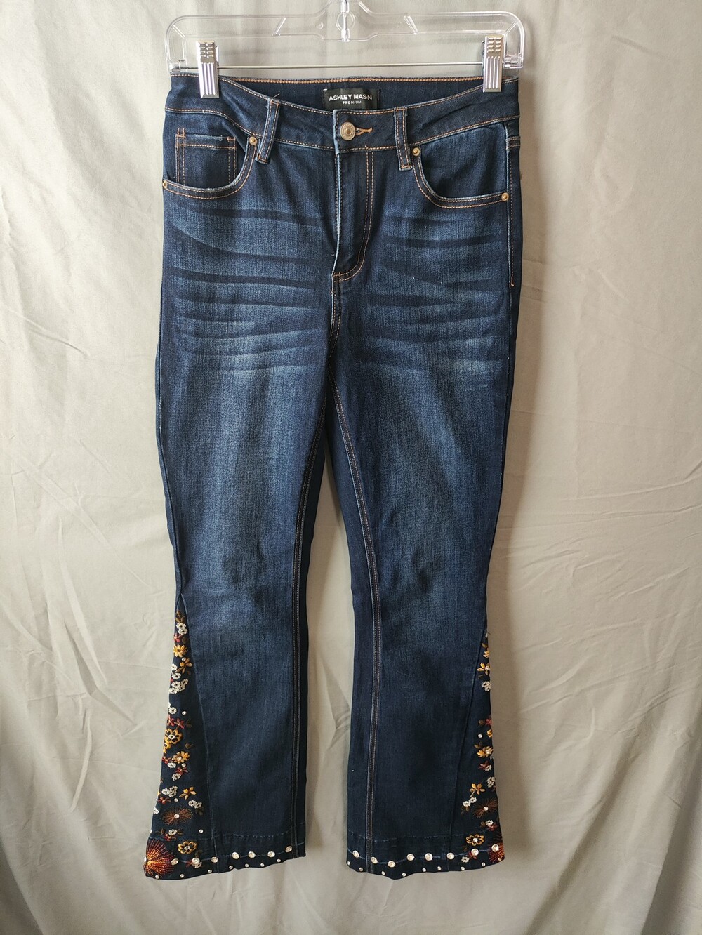 Ashley Mason Jeans Womens 5/27 Blue Embroidered Bootcut Denim Floral Pearls